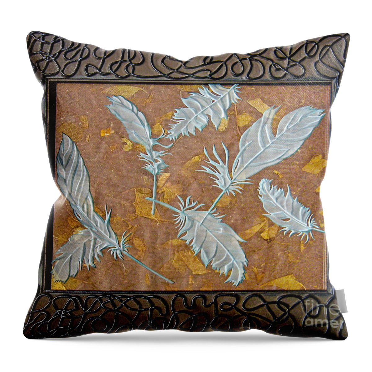 Brown Throw Pillow featuring the glass art Fall Feathers by Alone Larsen