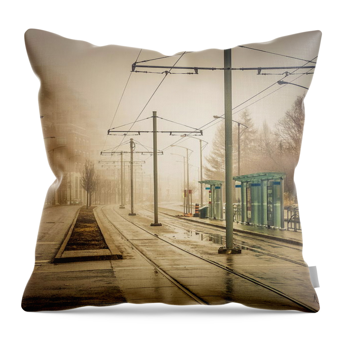 Cityart Throw Pillow featuring the digital art Fog Deserted Street by Nicky Jameson