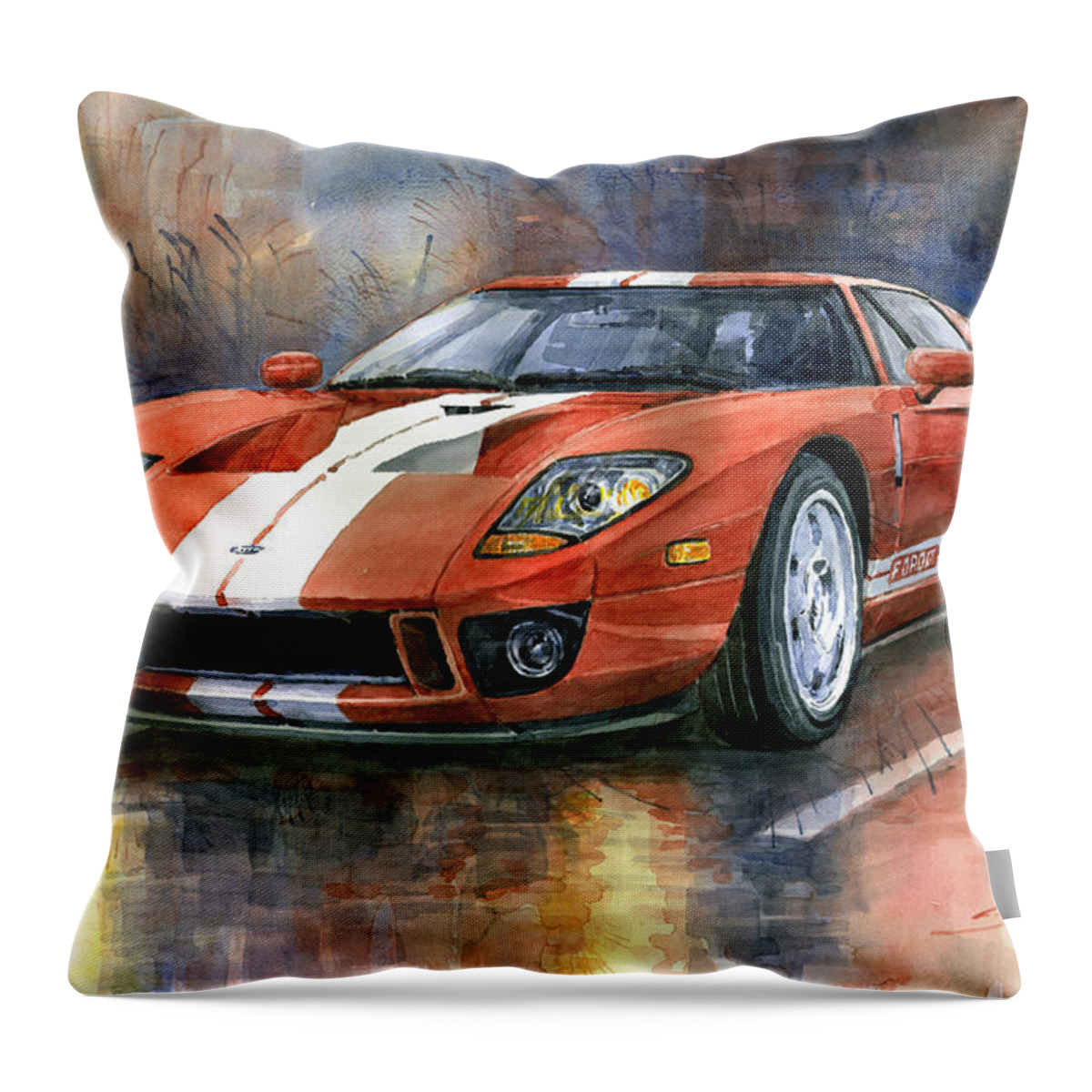 Watercolor Throw Pillow featuring the painting Ford GT 40 2006 by Yuriy Shevchuk