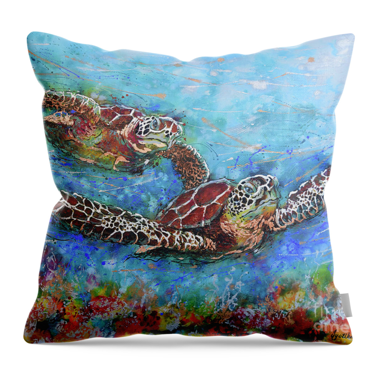 Marine Turtles Throw Pillow featuring the painting Gliding Turtles by Jyotika Shroff
