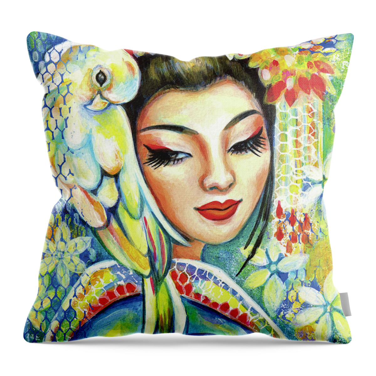 Woman And Parrot Throw Pillow featuring the painting Harmony by Eva Campbell