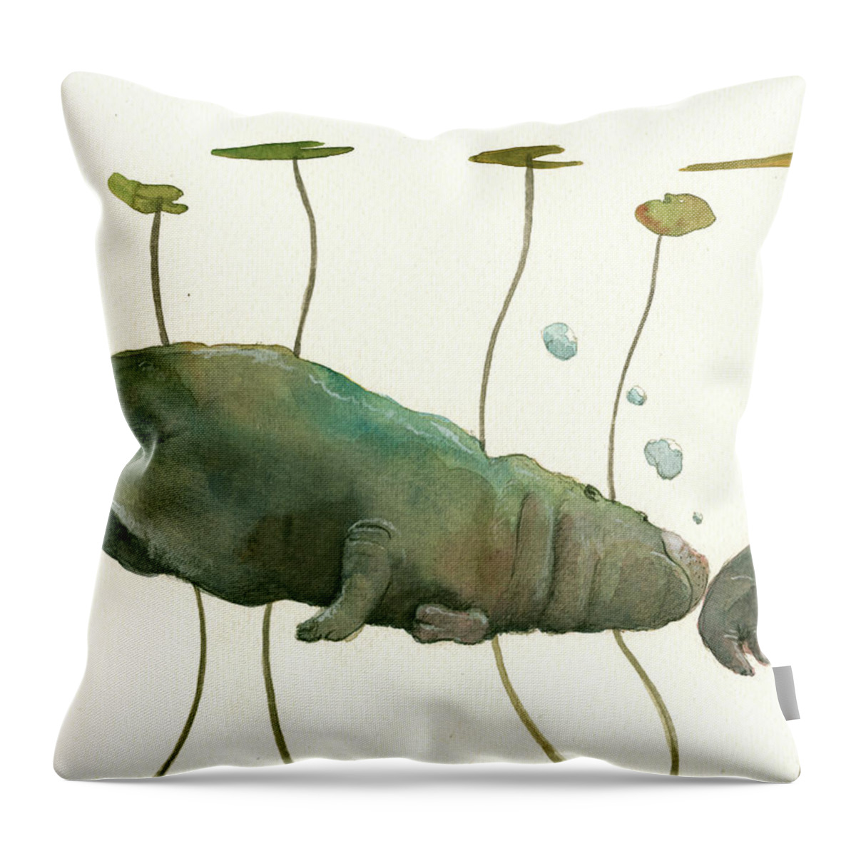 Hippo Throw Pillow featuring the painting Hippo mom with baby by Juan Bosco