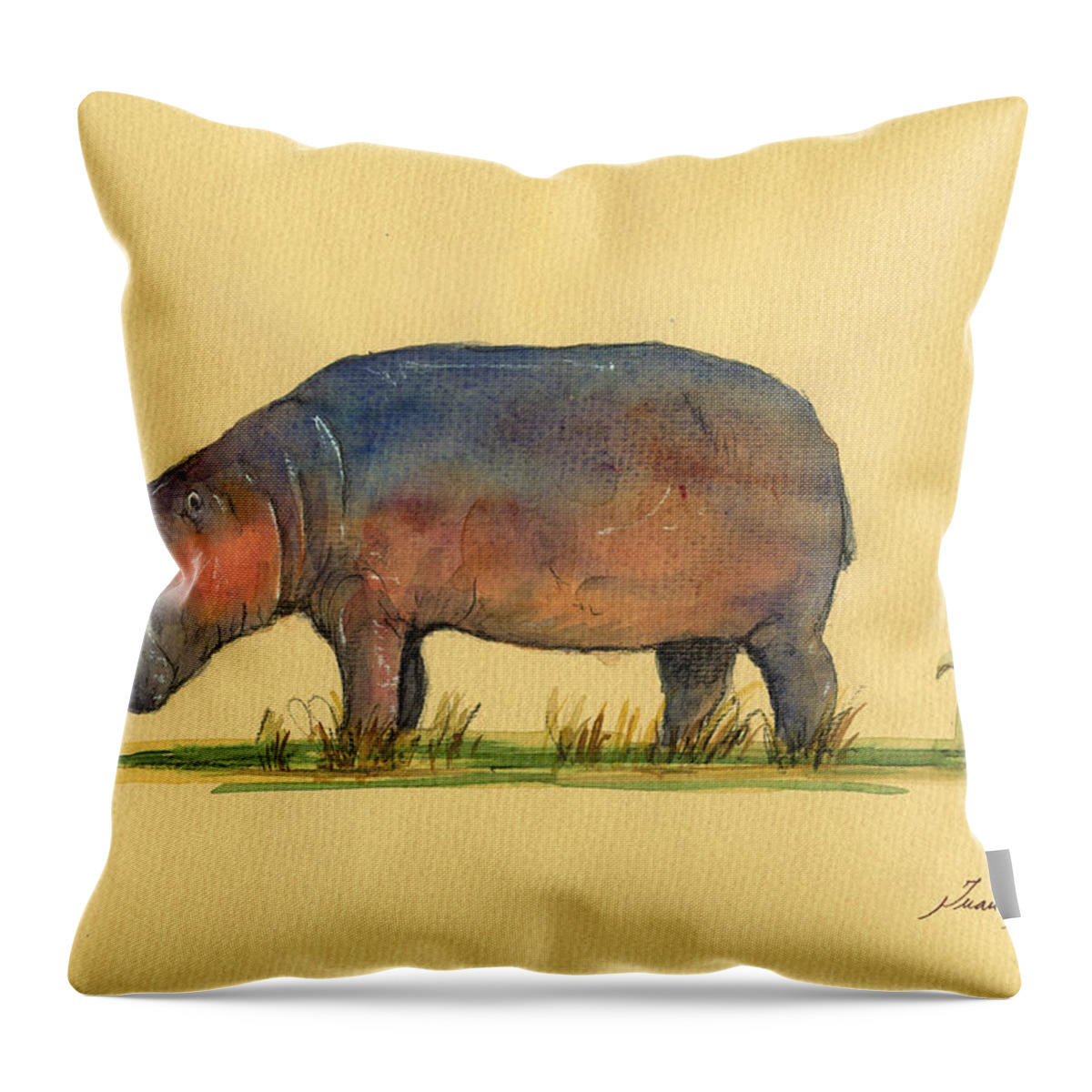 Hippo Throw Pillow featuring the painting Hippo watercolor painting by Juan Bosco