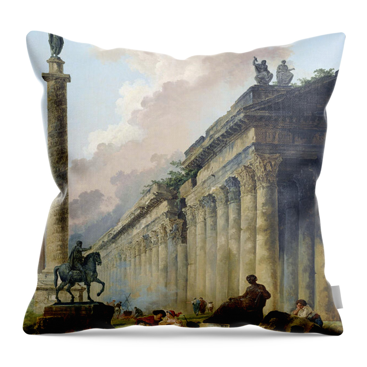 Hubert Robert Throw Pillow featuring the painting Imaginary View of Rome with Equestrian Statue of Marcus Aurelius, the Column of Trajan and a Temple by Hubert Robert