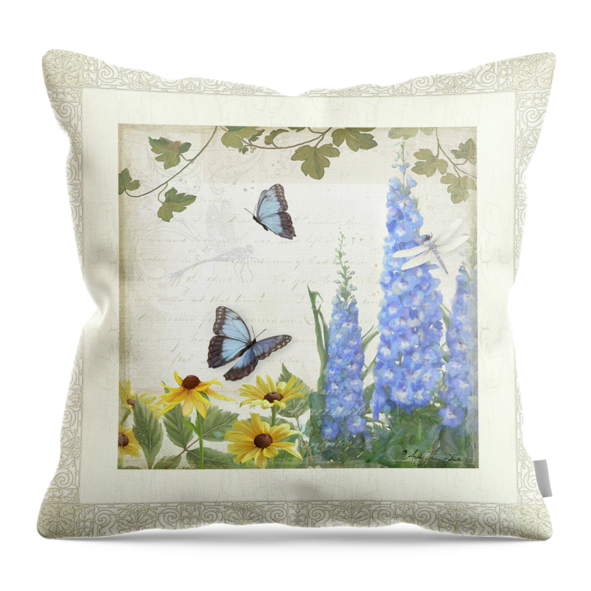 E Petit Jardin Throw Pillow featuring the painting Le Petit Jardin 1 - Garden Floral w Butterflies, Dragonflies, Daisies and Delphinium by Audrey Jeanne Roberts