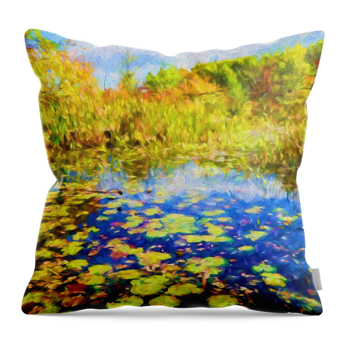 Autumn Throw Pillow featuring the painting Lily Pond by Lilia D