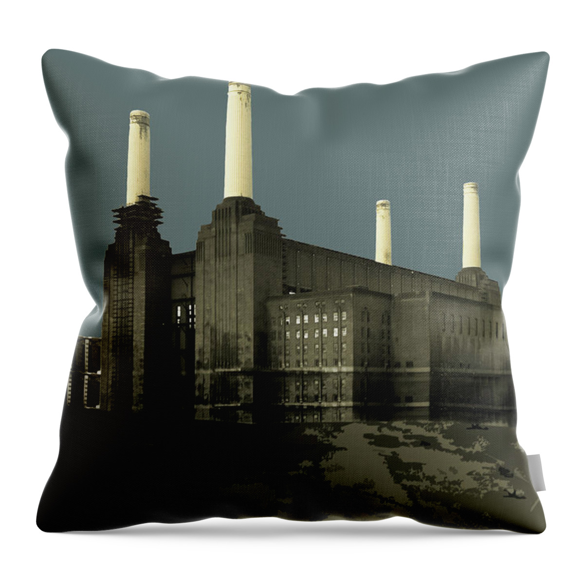 Wheel Throw Pillow featuring the painting London - Battersea Power Station - Soft Blue Greys by Big Fat Arts