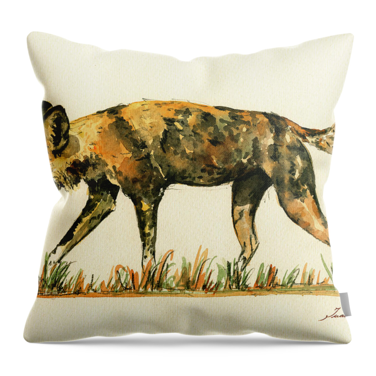 Lycaon Art Wall Throw Pillow featuring the painting Lycaon wild dog by Juan Bosco