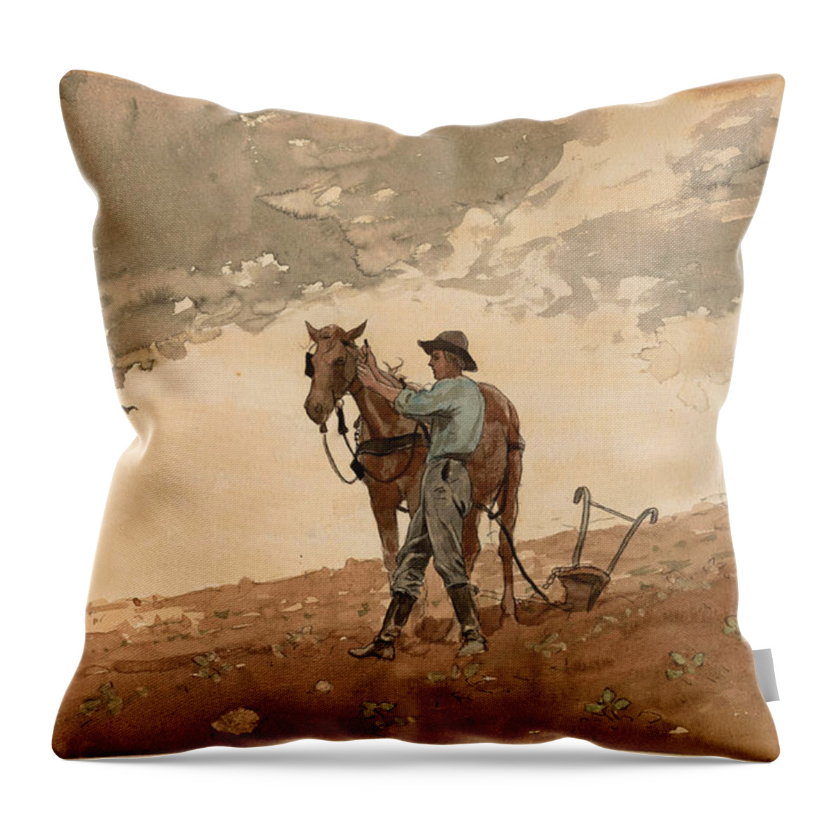 Winslow Homer Throw Pillow featuring the drawing Man with Plow Horse by Winslow Homer