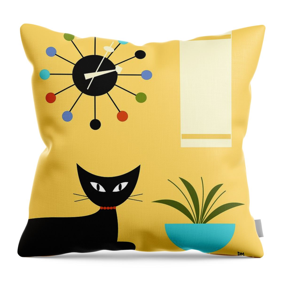 Cat Throw Pillow featuring the digital art Mid Century Ball Clock 3 by Donna Mibus
