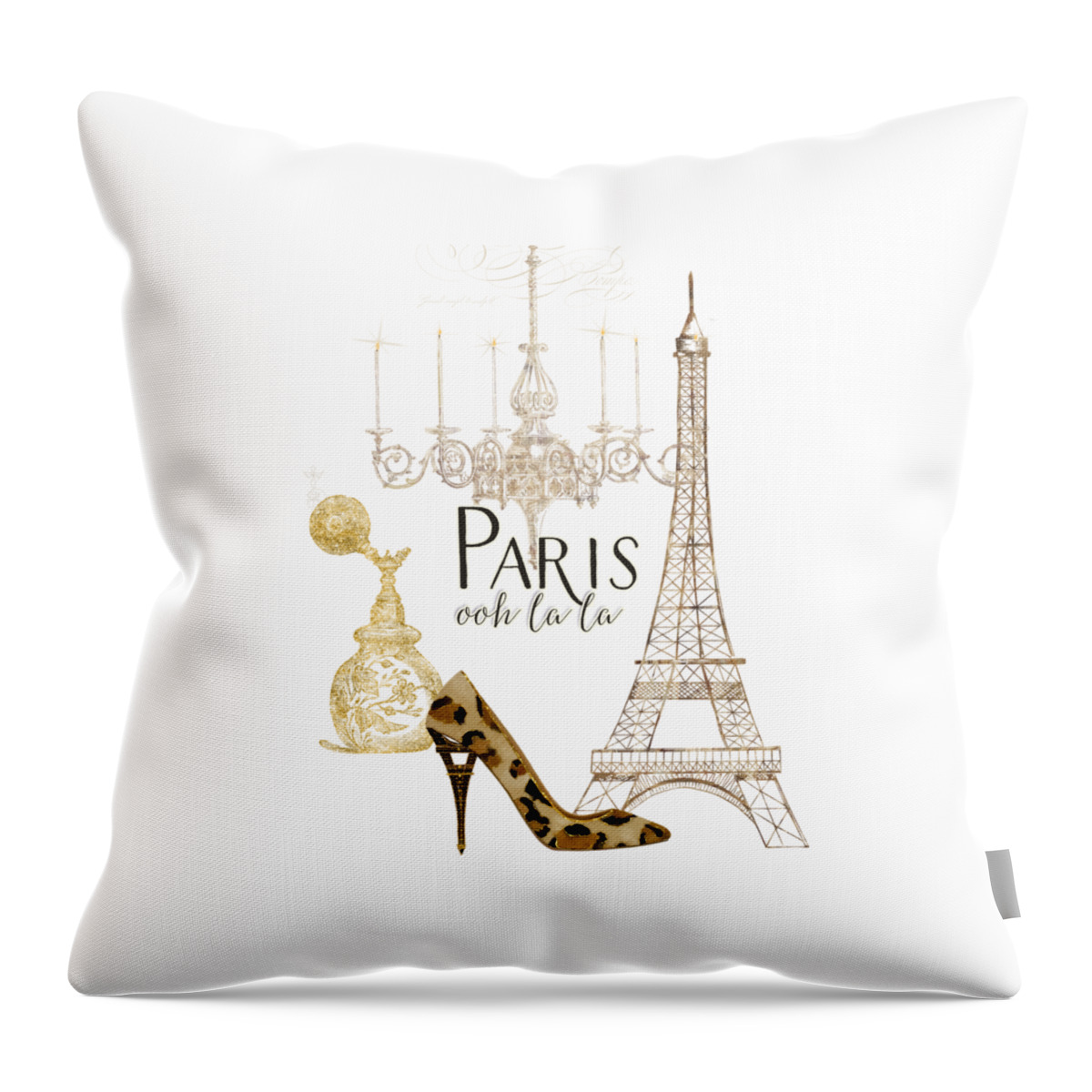 Fashion Throw Pillow featuring the painting Paris - Ooh la la Fashion Eiffel Tower Chandelier Perfume Bottle by Audrey Jeanne Roberts
