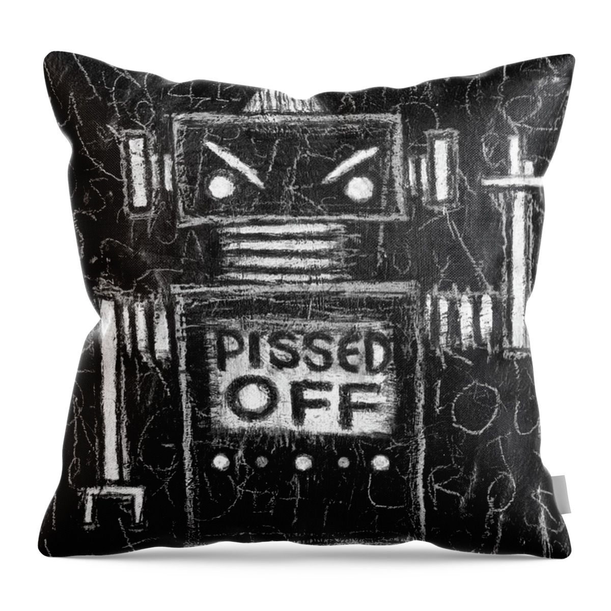Robot Throw Pillow featuring the drawing Pissed Off Bot by Roseanne Jones