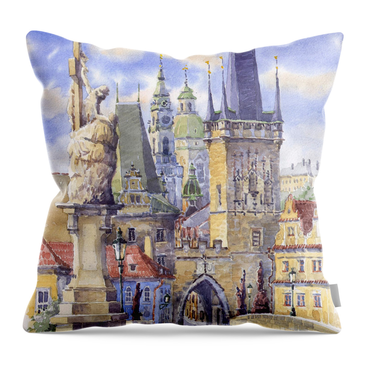 Watercolour Throw Pillow featuring the painting Prague Charles Bridge by Yuriy Shevchuk