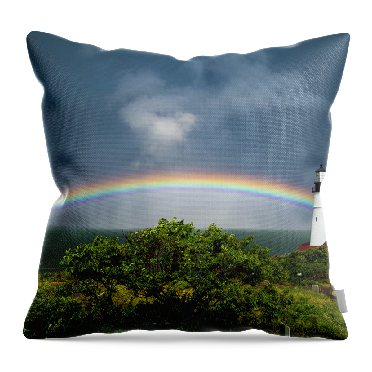 Portland Headlight Throw Pillow featuring the photograph Rainbow at Portland Headlight by Darryl Hendricks