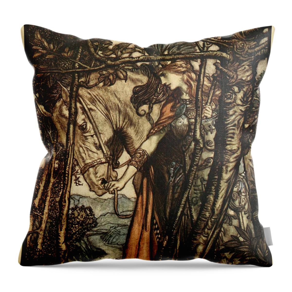 Arthur Rackham - Wagner's Ring Cycle The Valkyrie (1910) 5 Throw Pillow featuring the painting RING CYCLE The Valkyrie by Arthur Rackham
