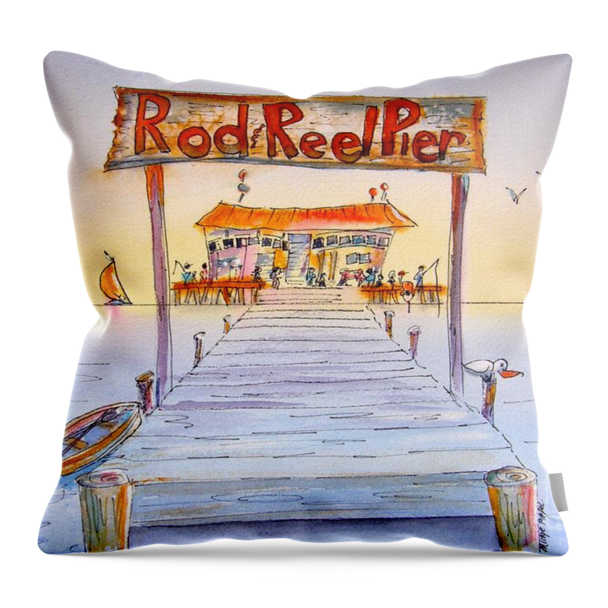 Florida Throw Pillow featuring the painting Rod and Reel Pier by Midge Pippel