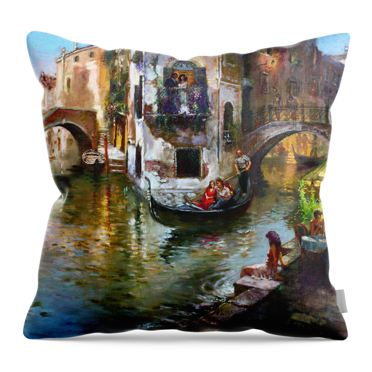 Romance In Venice Throw Pillow featuring the painting Romance in Venice by Ylli Haruni