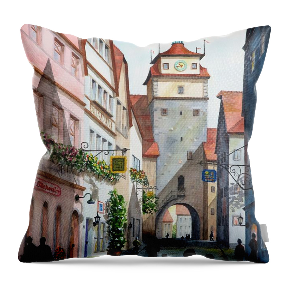 Tower Throw Pillow featuring the painting Rothenburg Tower by Joseph Burger