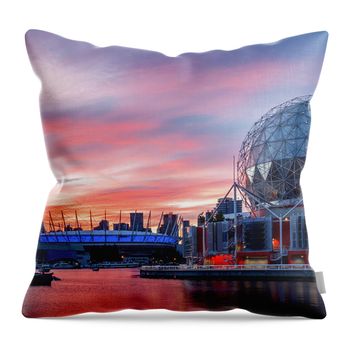 Canada Throw Pillow featuring the photograph Science World and BC Place Stadium at Sunset. Vancouver, BC by Rick Deacon