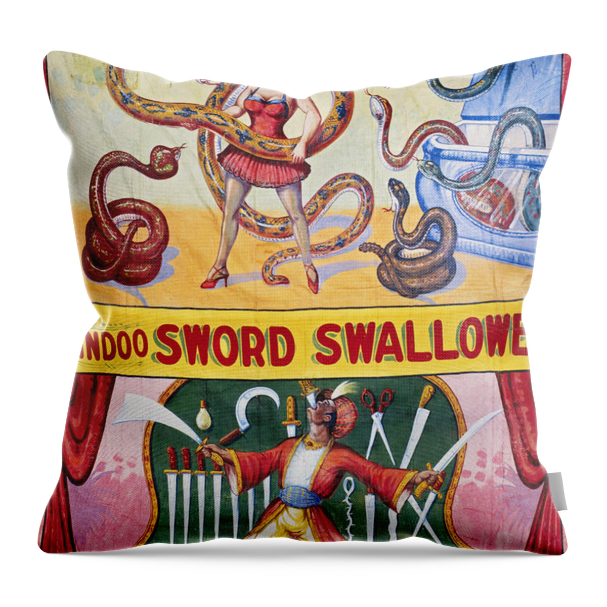1970s Throw Pillow featuring the drawing SIDESHOW POSTER, c1975 by Granger