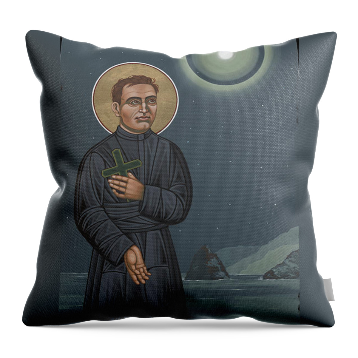 St Damien Of Moloka'i Throw Pillow featuring the painting St Damien of Moloka'i 235 by William Hart McNichols