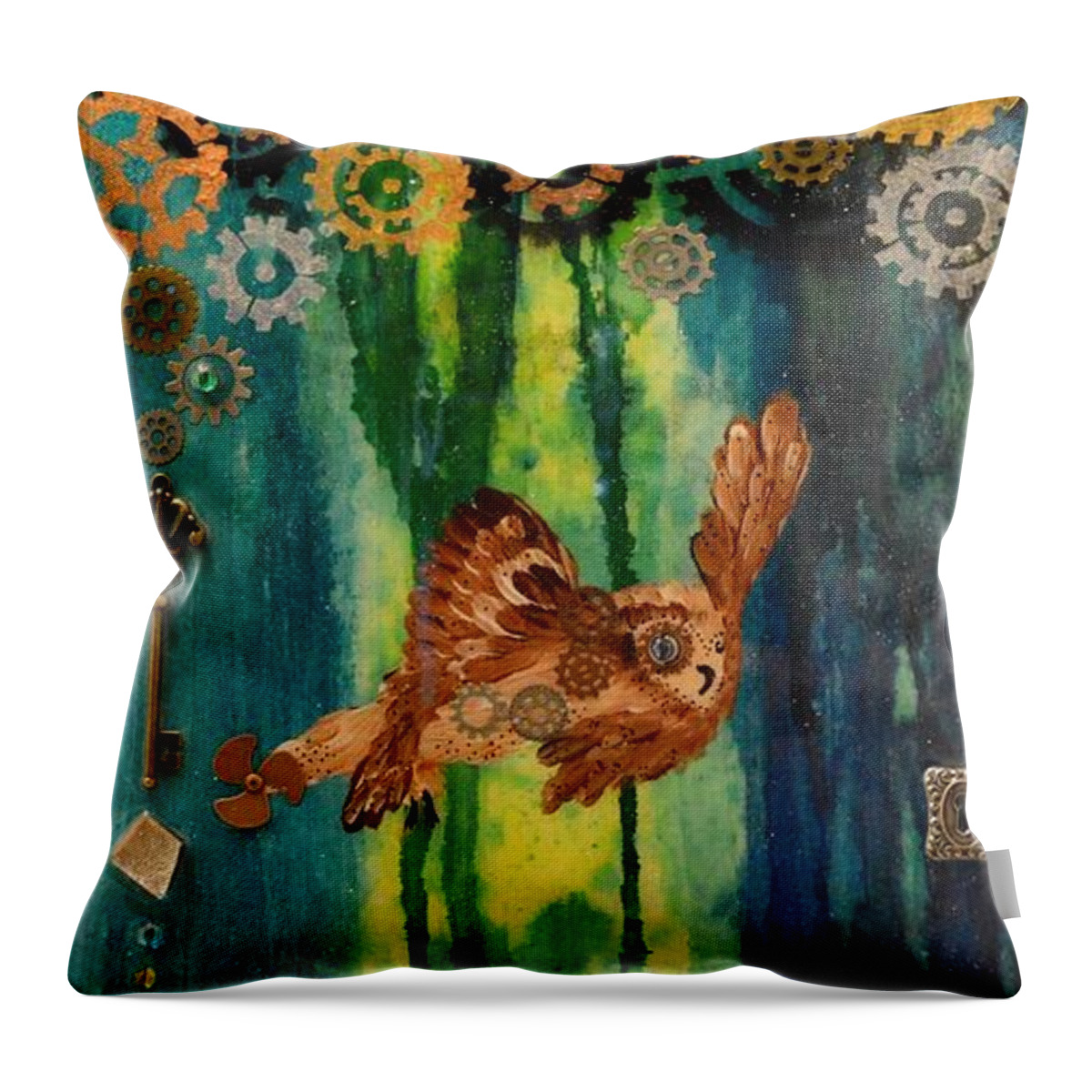 Iphone Cases Throw Pillow featuring the painting Steampunk Owl Blue Horizon by MiMi Stirn