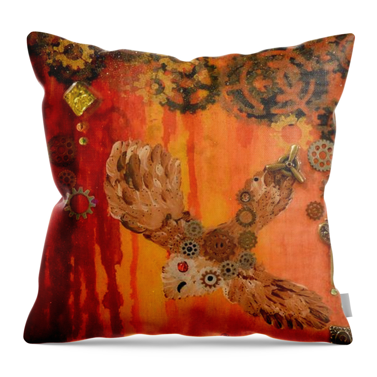 Iphone Cases Throw Pillow featuring the painting Steampunk Owl Red Horizon by MiMi Stirn