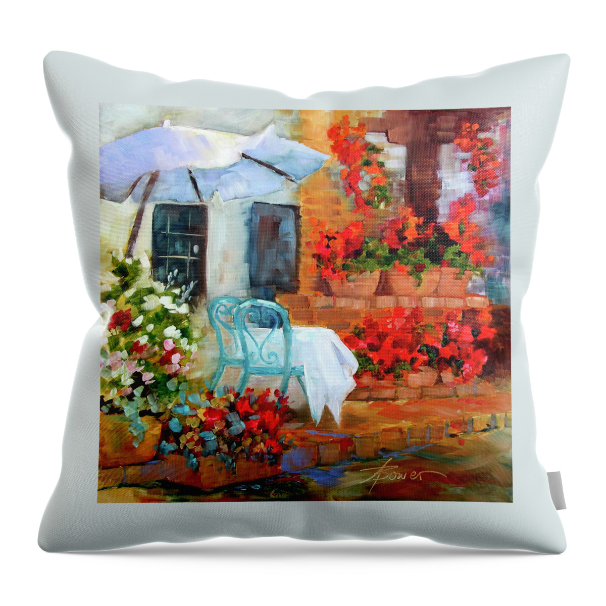 Tuscan Cafe Throw Pillow featuring the painting Sunny With A Light Breeze by Adele Bower