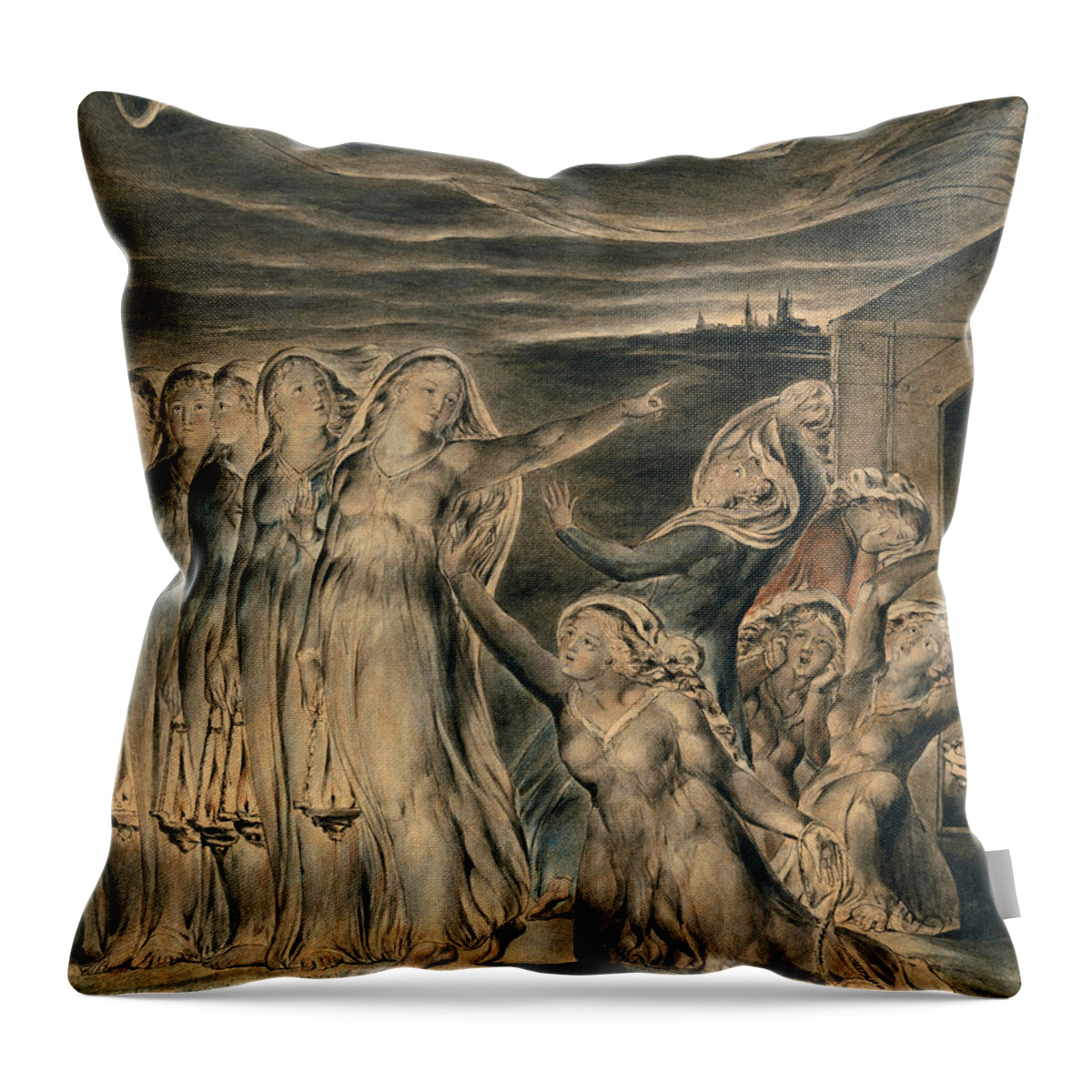 William Blake Throw Pillow featuring the drawing The Parable of the Wise and Foolish Virgins by William Blake