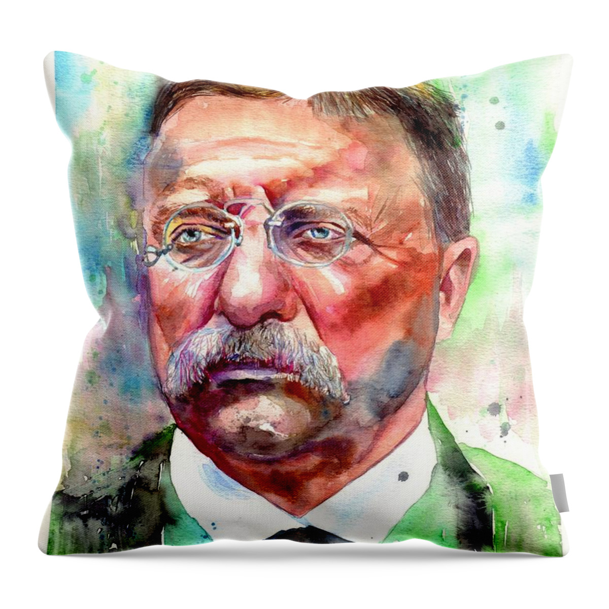 Theodore Roosevelt Throw Pillow featuring the painting Theodore Roosevelt watercolor portrait by Suzann Sines
