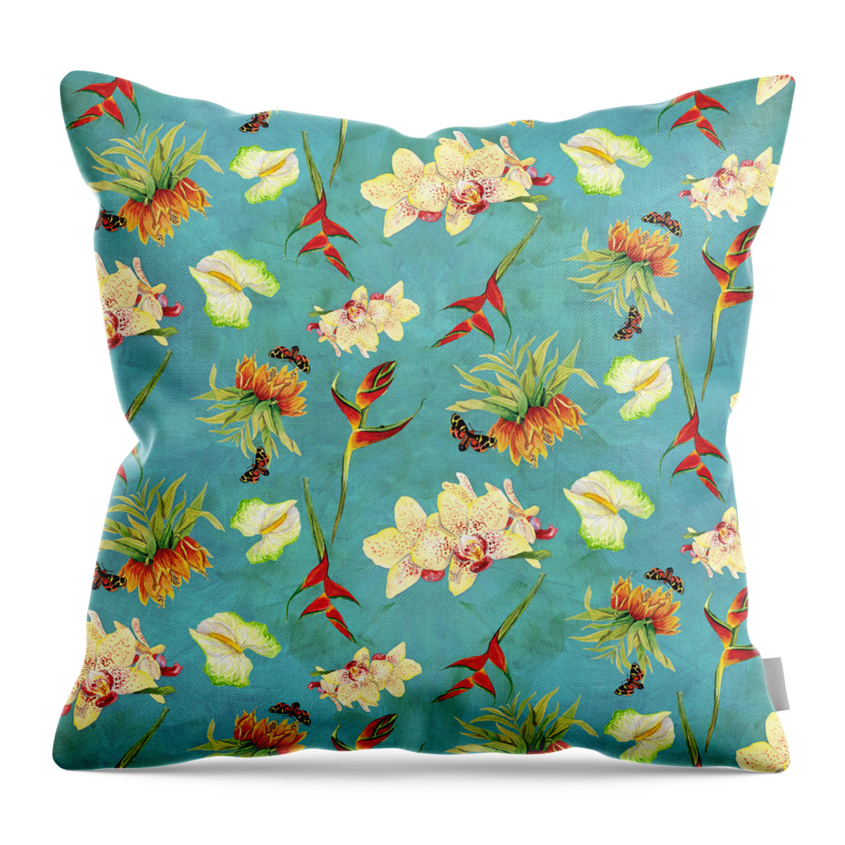 Orchid Throw Pillow featuring the painting Tropical Island Floral Half Drop Pattern by Audrey Jeanne Roberts