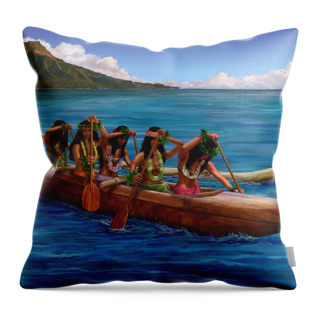 Hawaii Throw Pillow featuring the painting Wahine Hawaiian Canoe Paddlers by Stephen Jorgensen