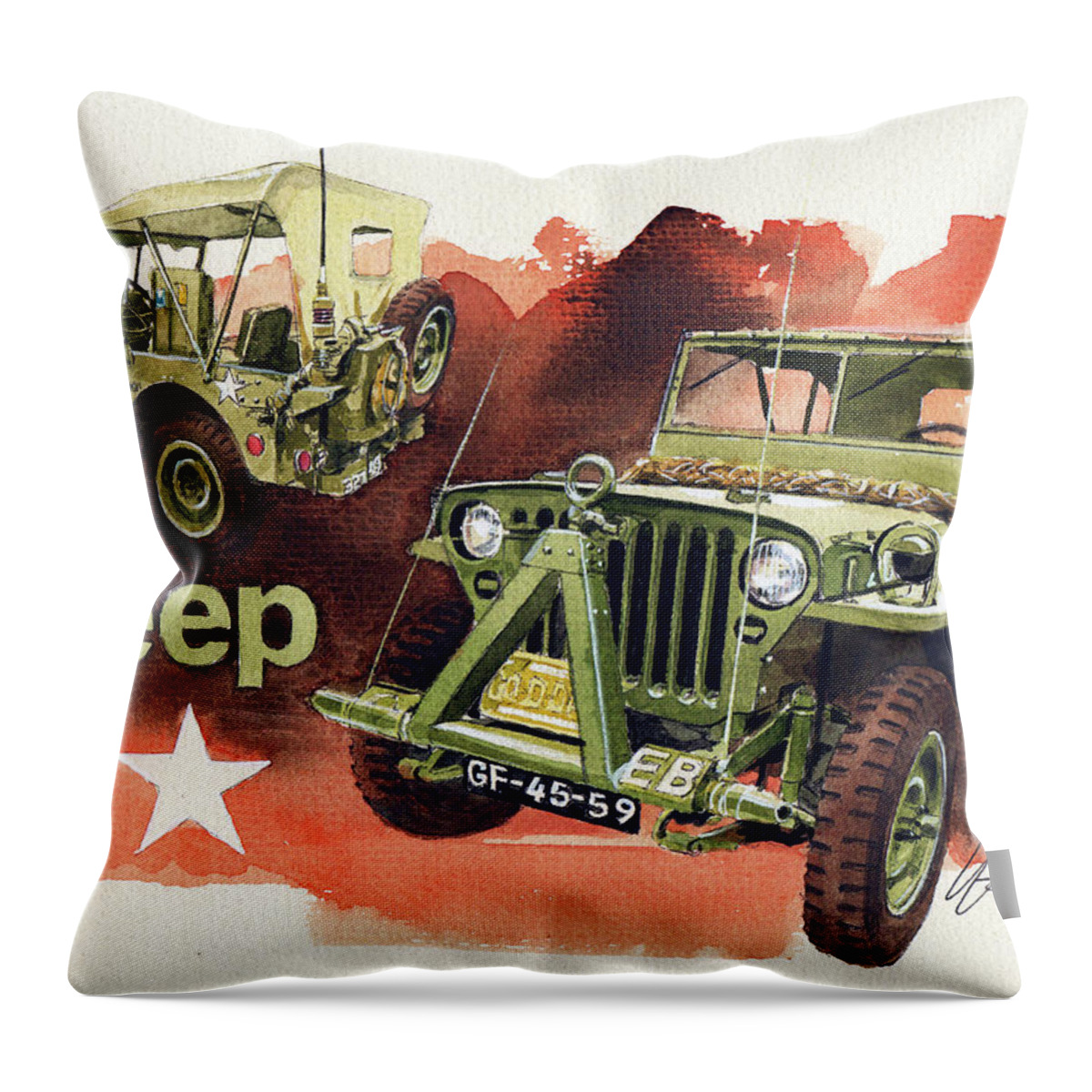 Willys Jeep Mb Throw Pillow featuring the painting Willys Jeep MB by Yoshiharu Miyakawa