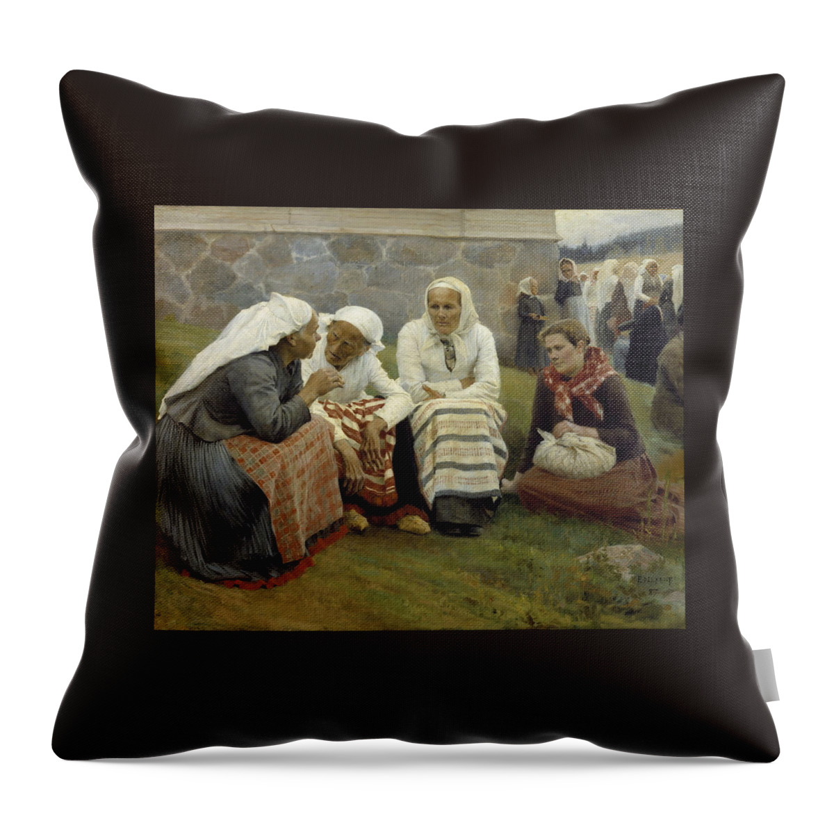 Albert Edelfelt Throw Pillow featuring the painting Women Outside the Church at Ruokolahti by MotionAge Designs
