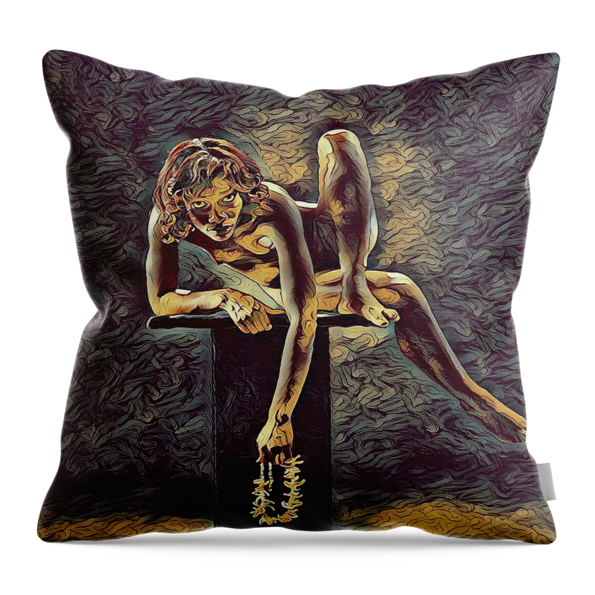 Fine Art Nude Throw Pillow featuring the digital art 1003s-ZAC Necklace of Bones Held by Beautiful Nude Dancer by Chris Maher