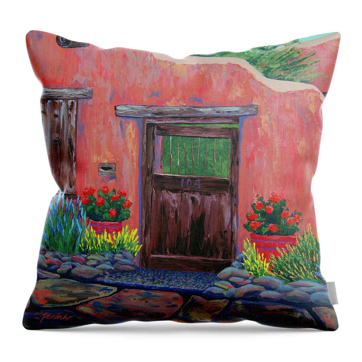 Southwest Throw Pillow featuring the painting 104 Canyon Rd, Santa Fe by Cheryl Fecht