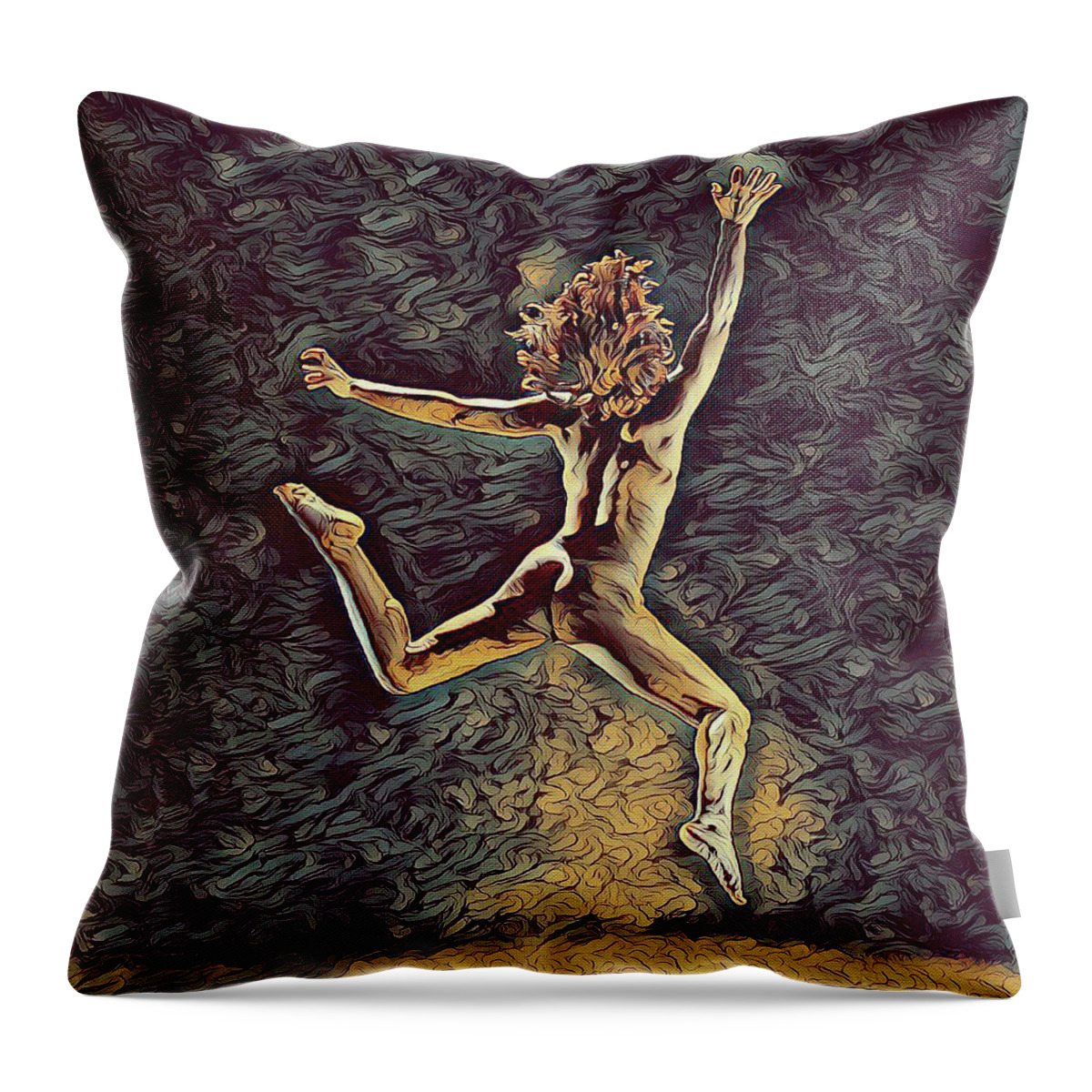 Leaping Throw Pillow featuring the digital art 1307s-Dancer Leap Fit Black Woman Bare and Free by Chris Maher