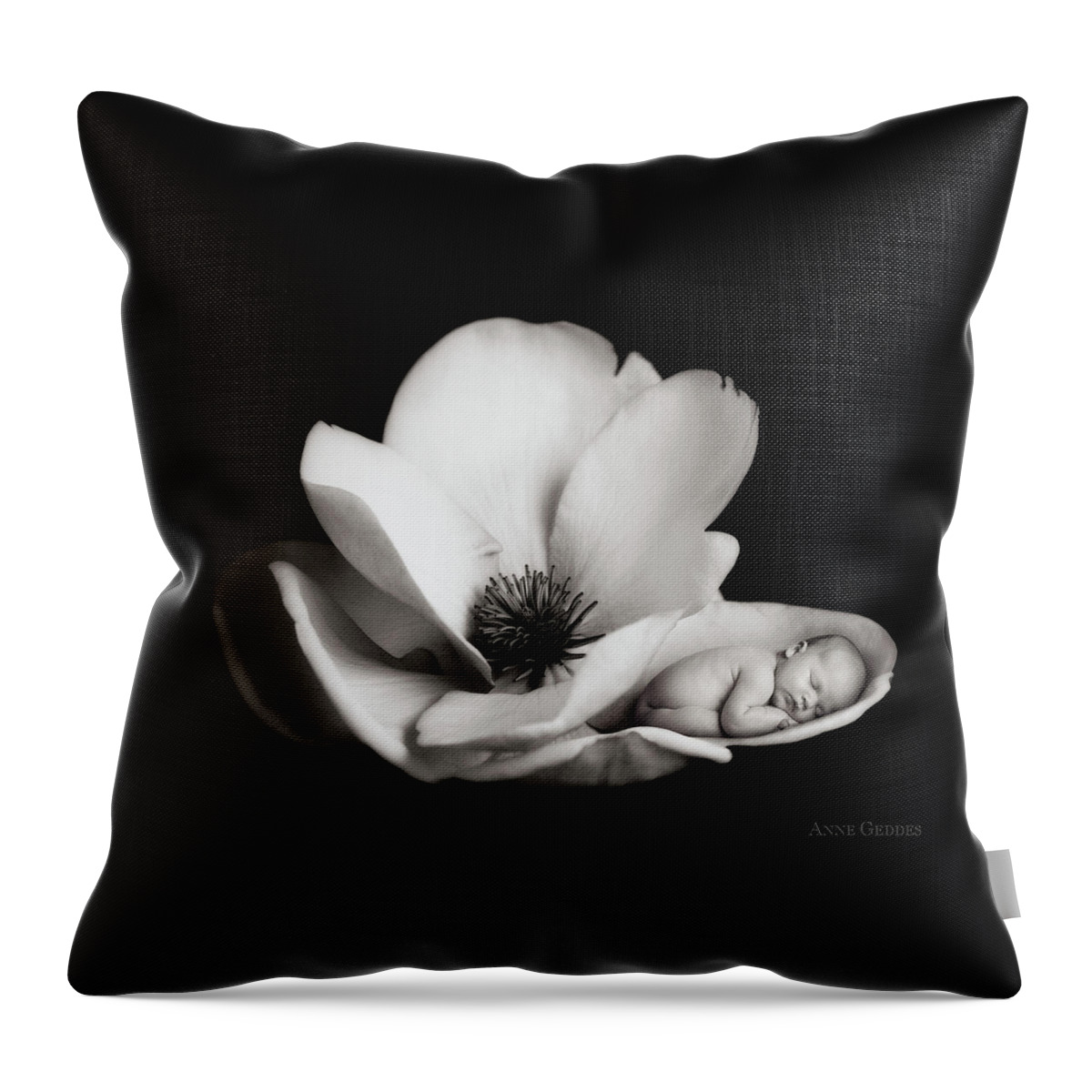 Black And White Throw Pillow featuring the photograph Violet in a Magnolia by Anne Geddes