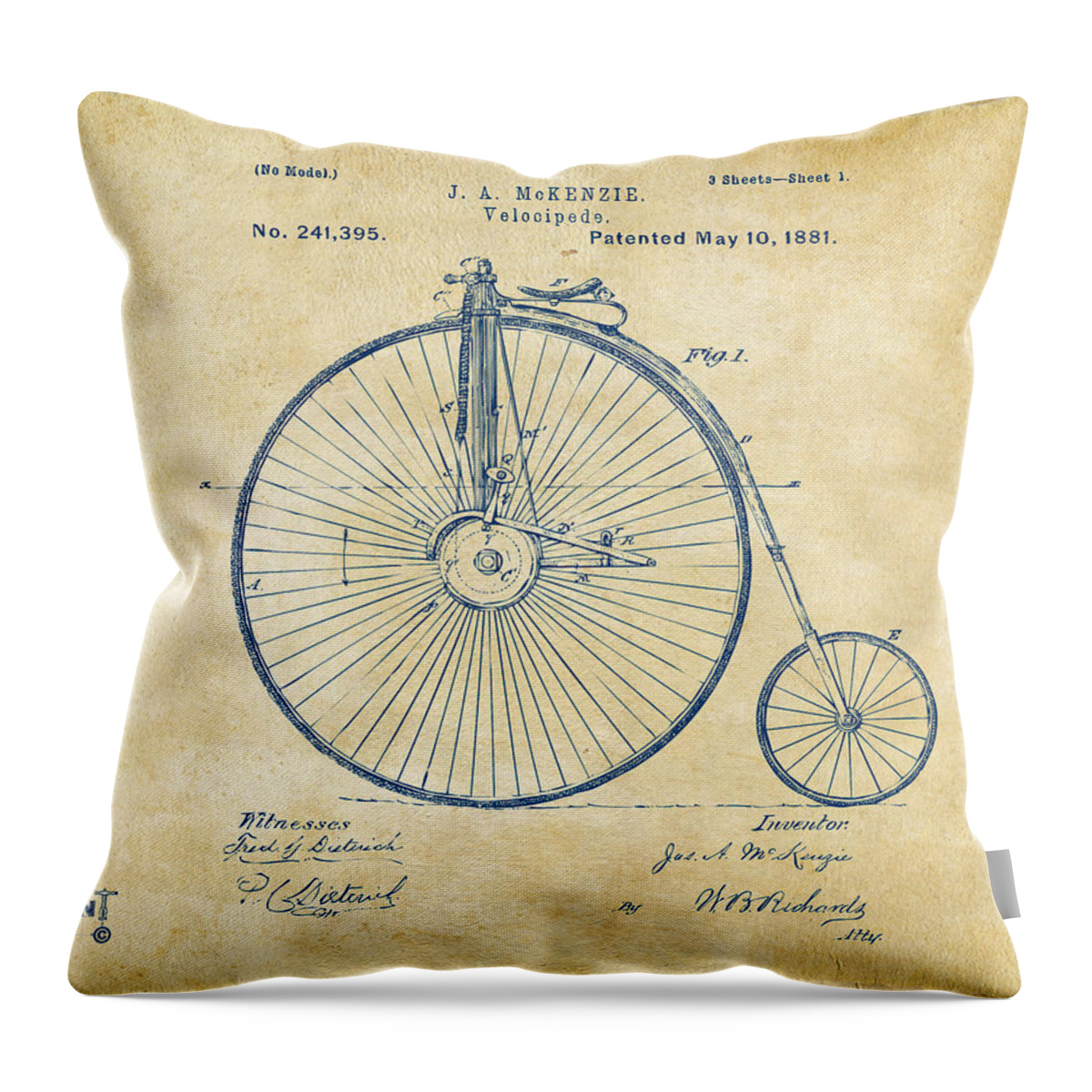 Velocipede Throw Pillow featuring the digital art 1881 Velocipede Bicycle Patent Artwork - Vintage by Nikki Marie Smith
