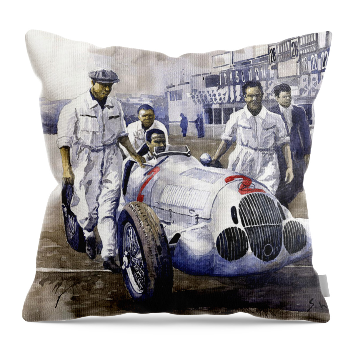 Watercolor Throw Pillow featuring the photograph 1937 Italian GP Mercedes Benz W125 Rudolf Caracciola by Yuriy Shevchuk