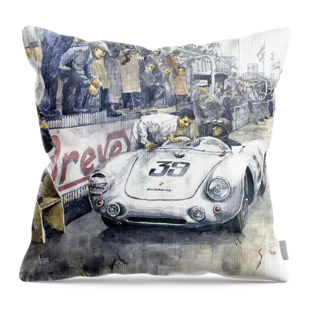 Shevchukart Throw Pillow featuring the painting 1954 Le Mans 24 Porsche 550 Hans Herrmann. by Yuriy Shevchuk