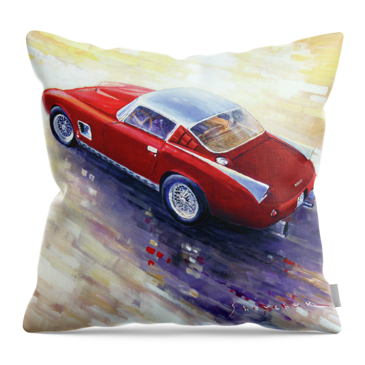 Shevchukart Throw Pillow featuring the painting 1956 Ferrari 410 SuperAmerica Scaglietti Series by Yuriy Shevchuk