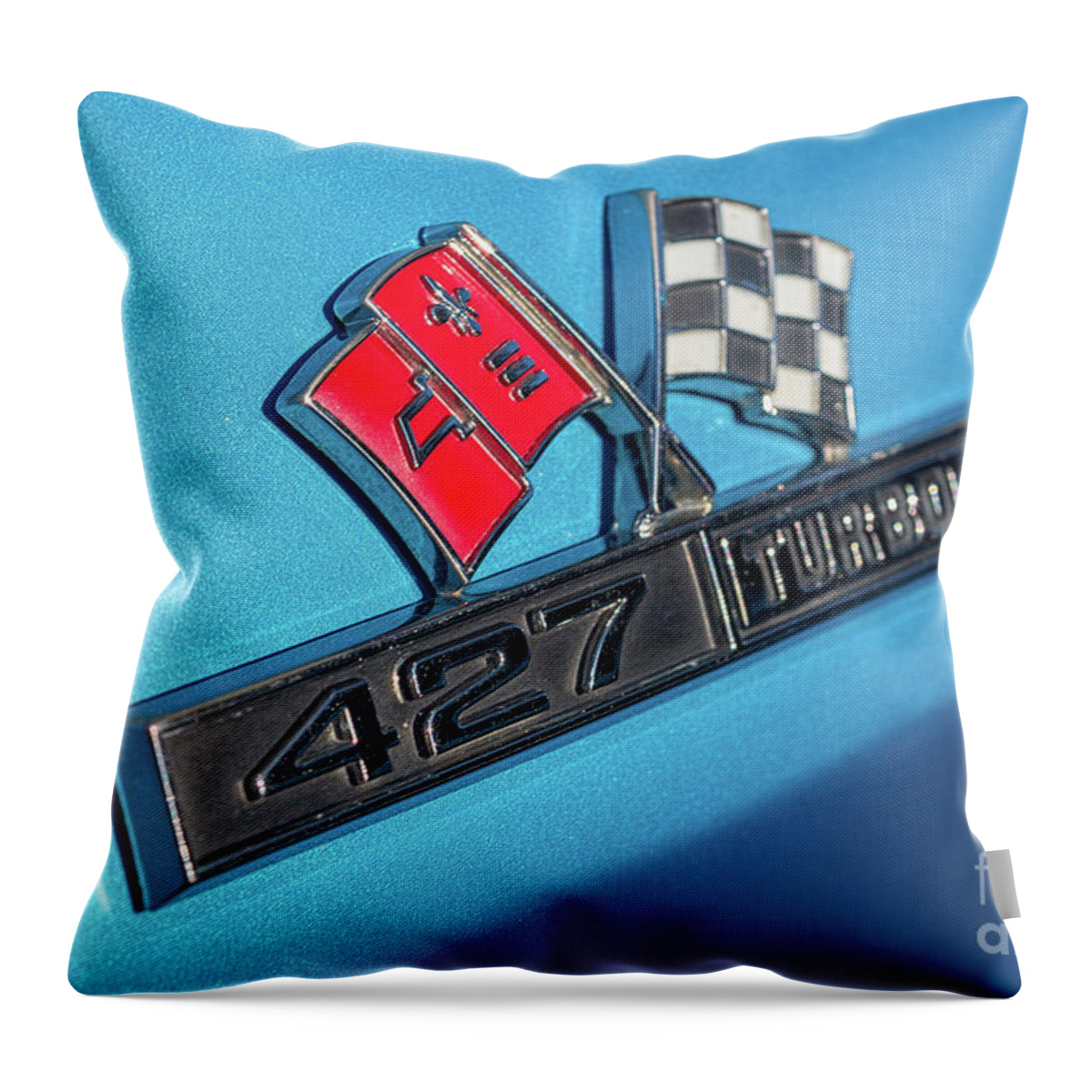 Chevy Throw Pillow featuring the photograph 1965 Blue Corvette 427 Turbo Jet Emblem by Aloha Art