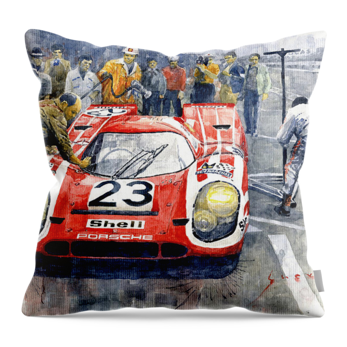 Shevchukart Throw Pillow featuring the painting 1970 Le Mans 24 Porsche917K Attwood Herrmann winner by Yuriy Shevchuk