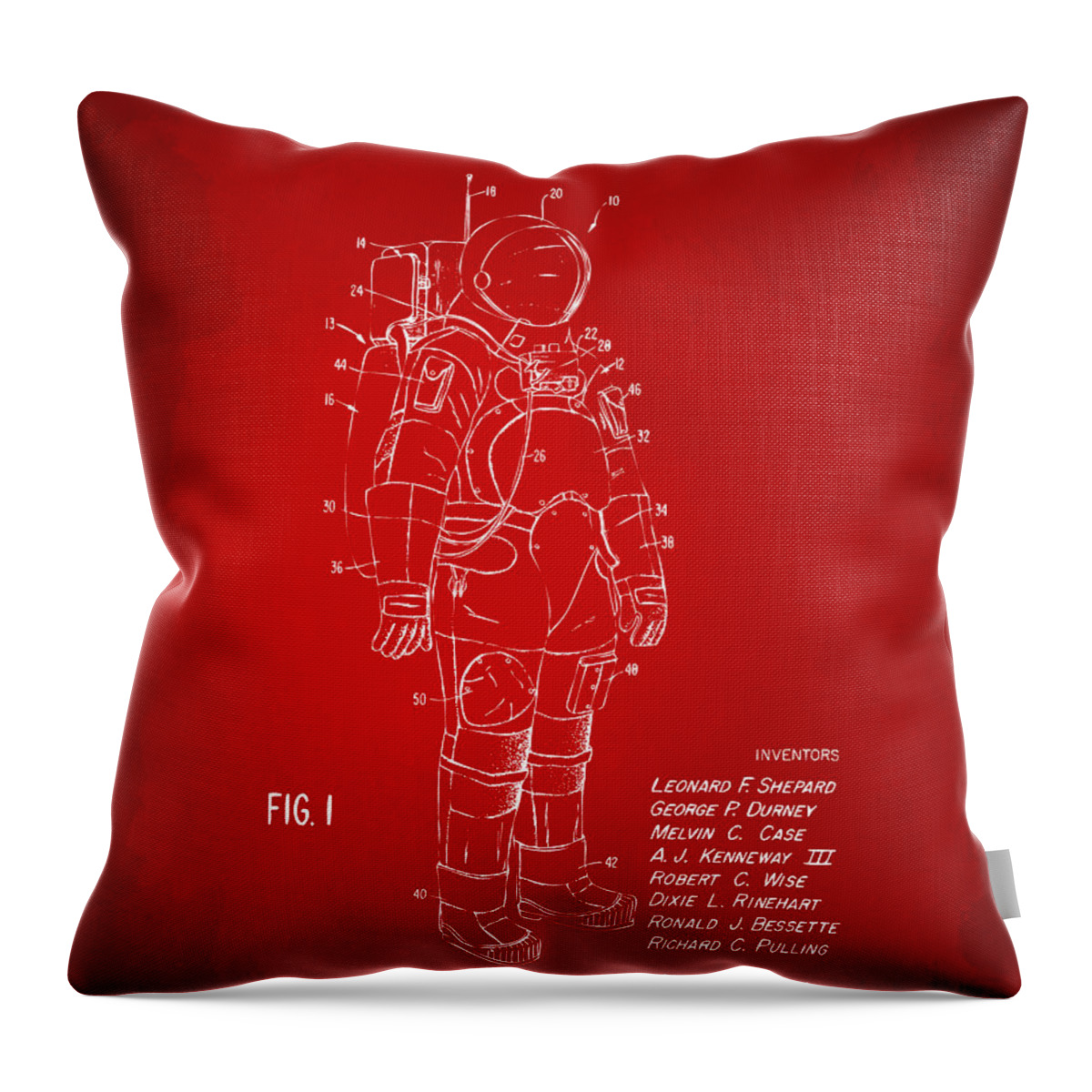 Space Suit Throw Pillow featuring the digital art 1973 Space Suit Patent Inventors Artwork - Red by Nikki Marie Smith