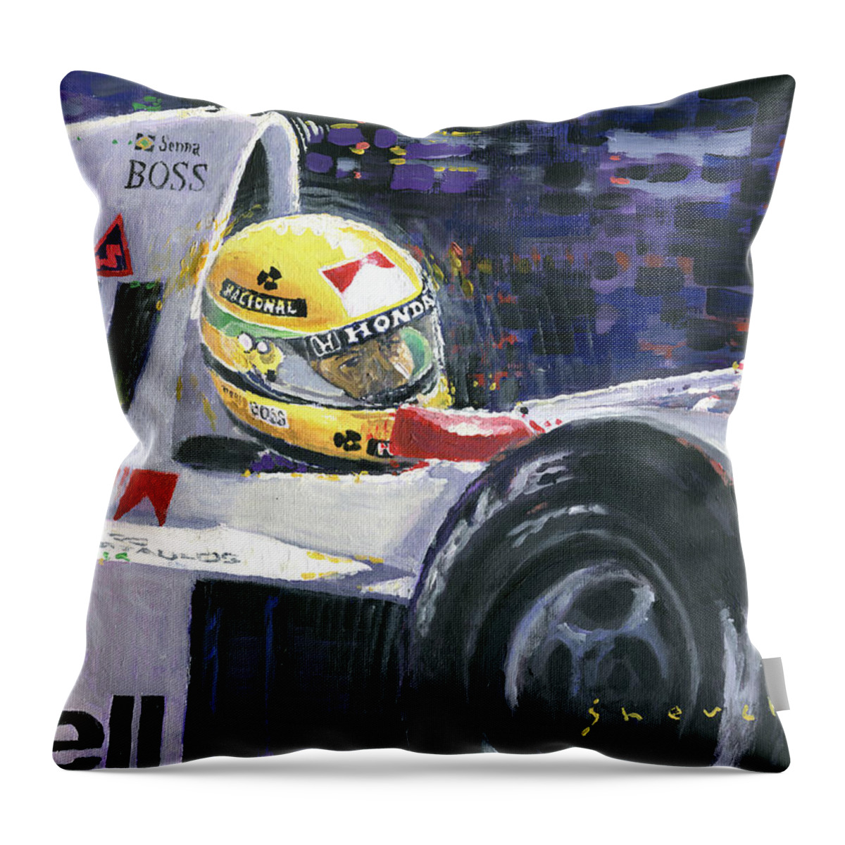 Acrilic Throw Pillow featuring the painting 1990 Mclaren Honda Mp4 5B Ayrton Senna World Champion by Yuriy Shevchuk