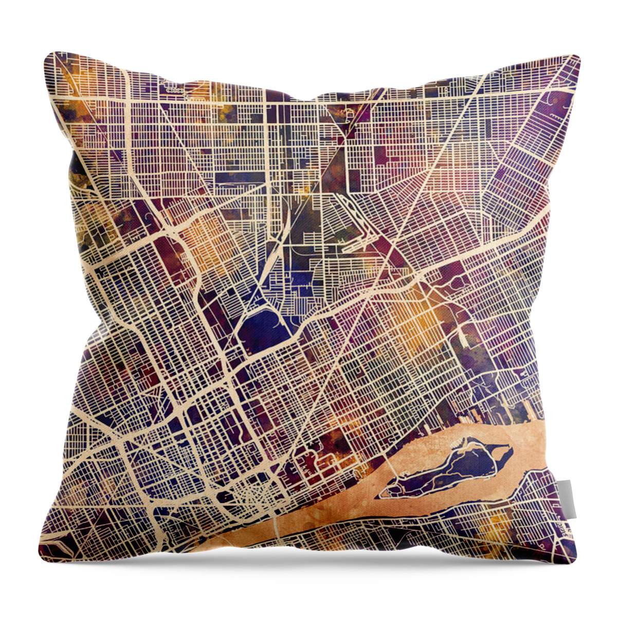 Detroit Throw Pillow featuring the digital art Detroit Michigan City Map by Michael Tompsett