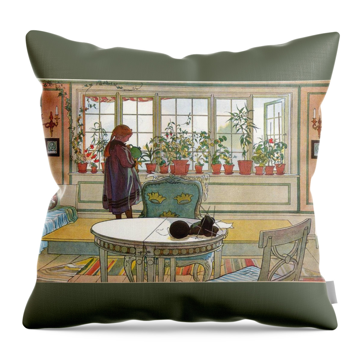 Carl Larsson Throw Pillow featuring the painting Flowers on the Windowsill by MotionAge Designs