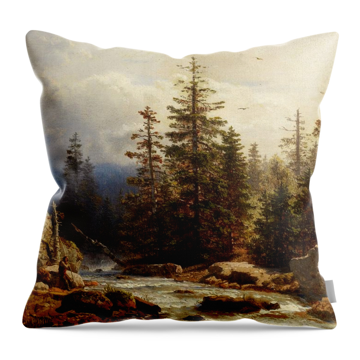 Andreas Achenbach Throw Pillow featuring the painting Forest Landscape with an Angler by MotionAge Designs