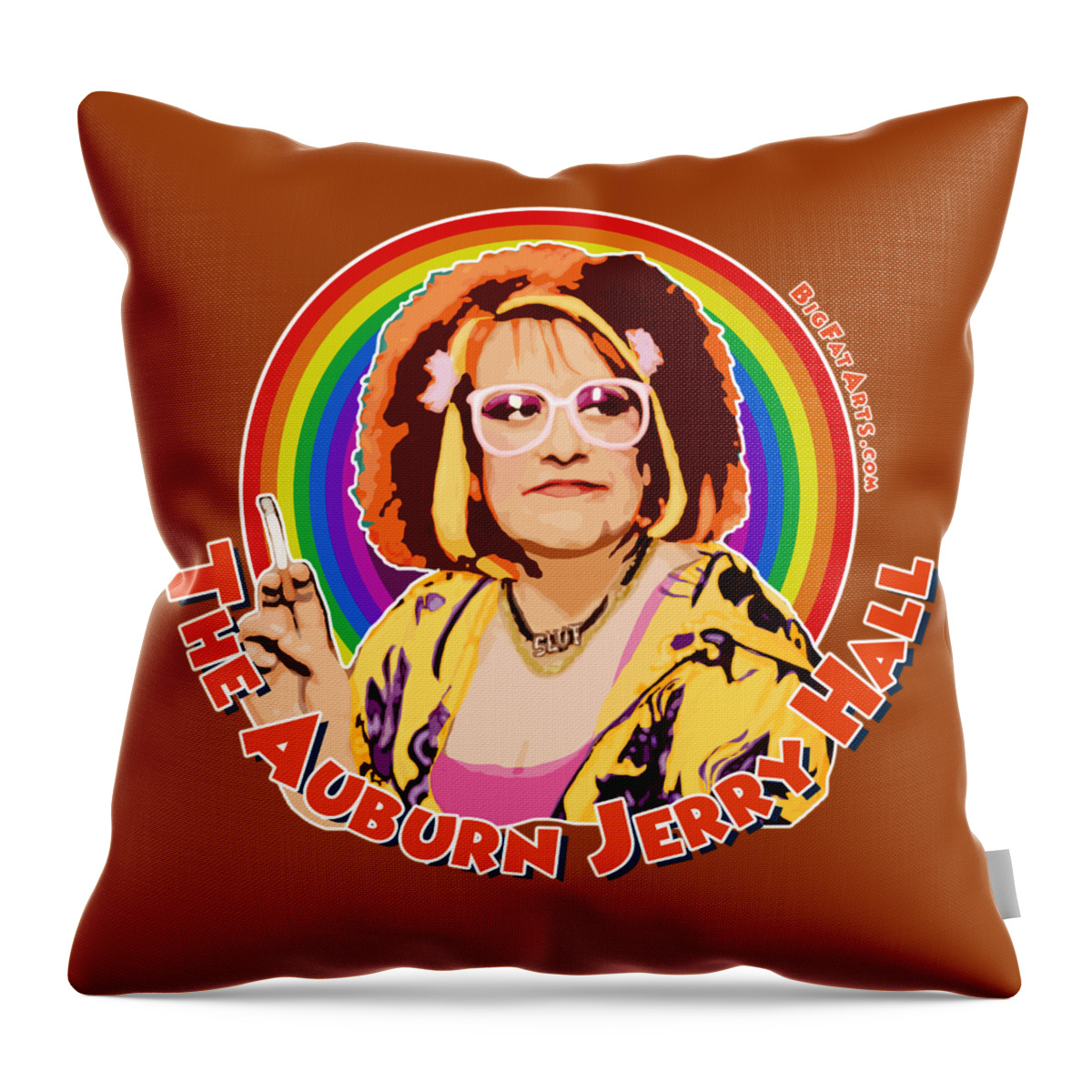 Auburn Jerry Hall Kathy Burke Gimme Gimme Gimme Vile Pussy Person Gay Laziness Throw Pillow featuring the digital art The Auburn Jerry Hall by Big Fat Arts